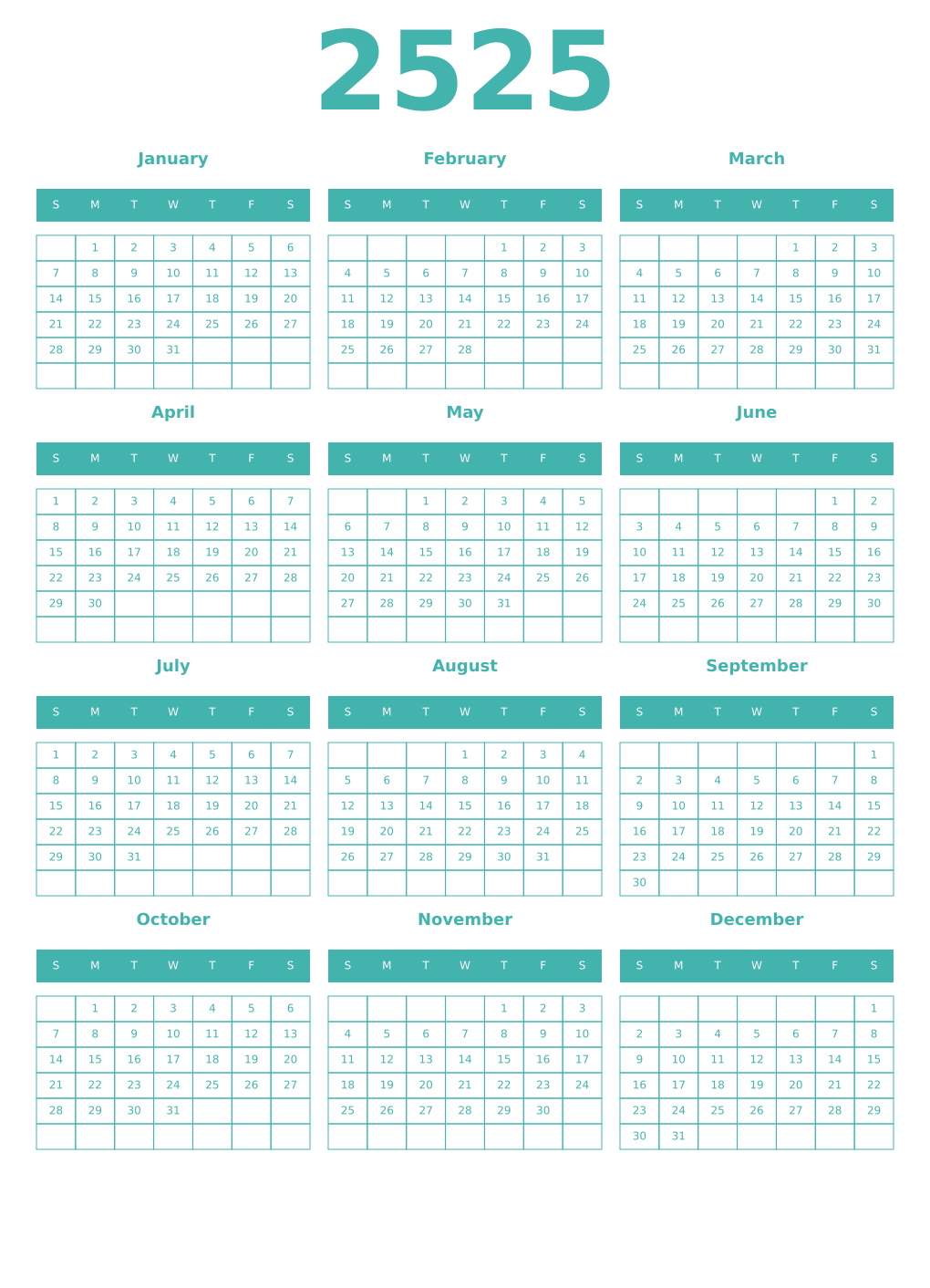 Printable 2525 Year Calendars verdigris