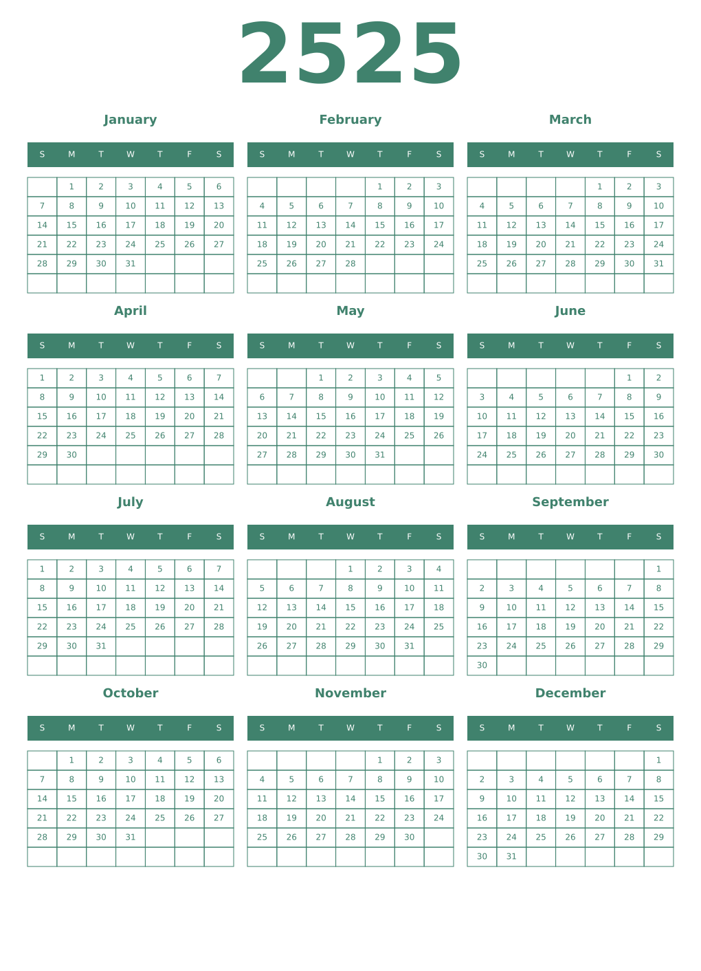 Printable 2525 Year Calendars viridian