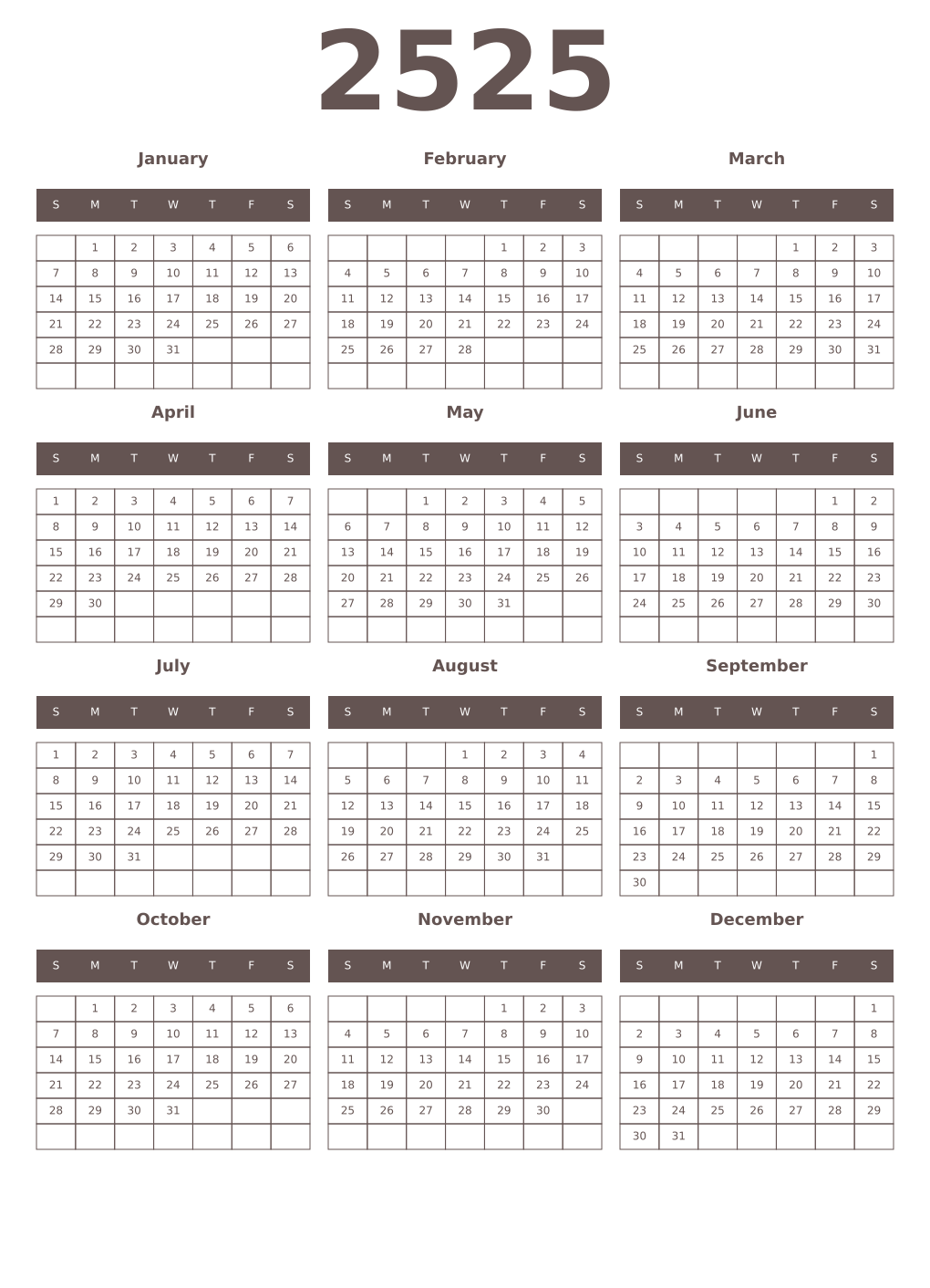 Printable 2525 Year Calendars wenge