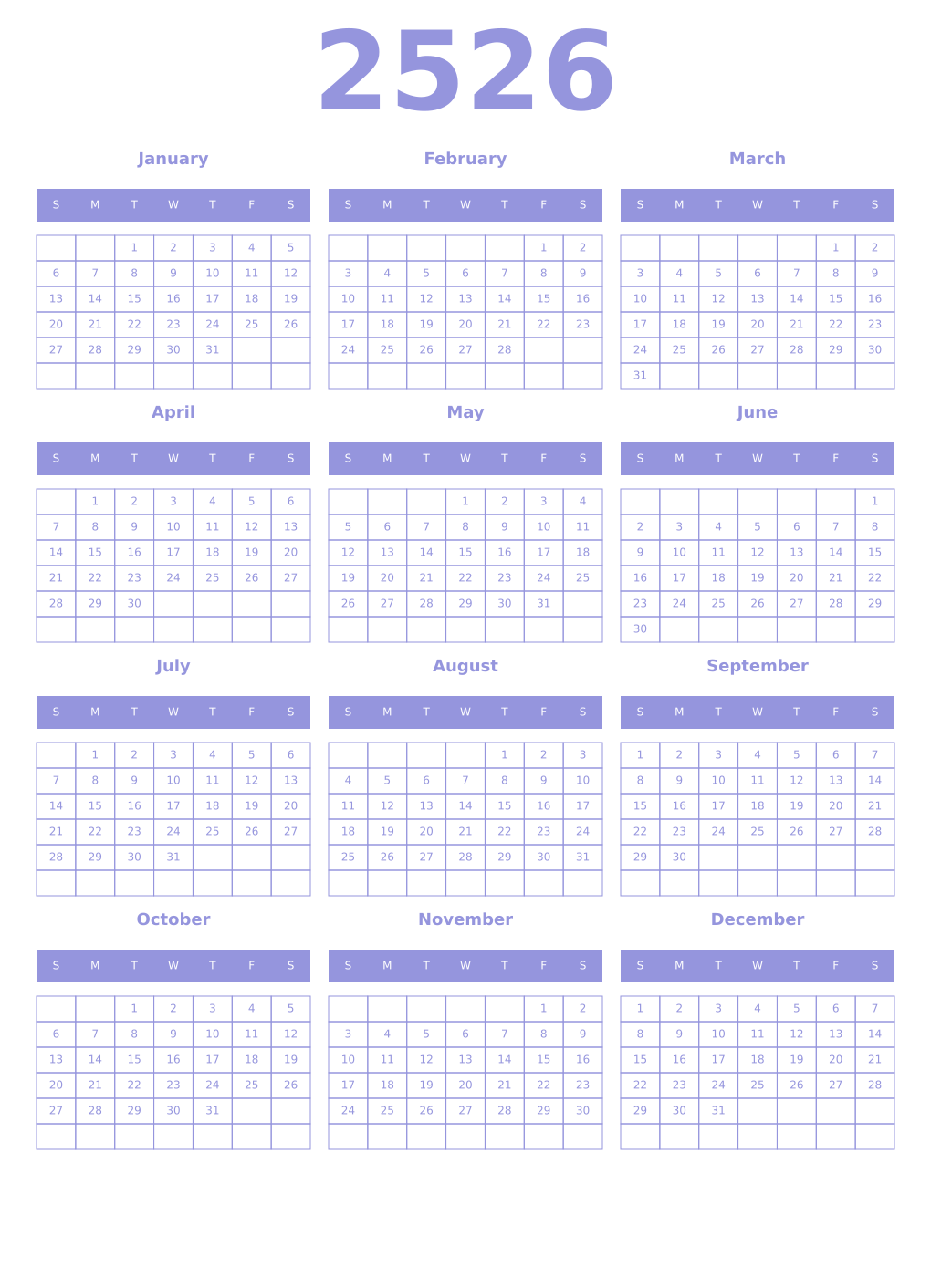 Printable 2526 Year Calendars periwinkle