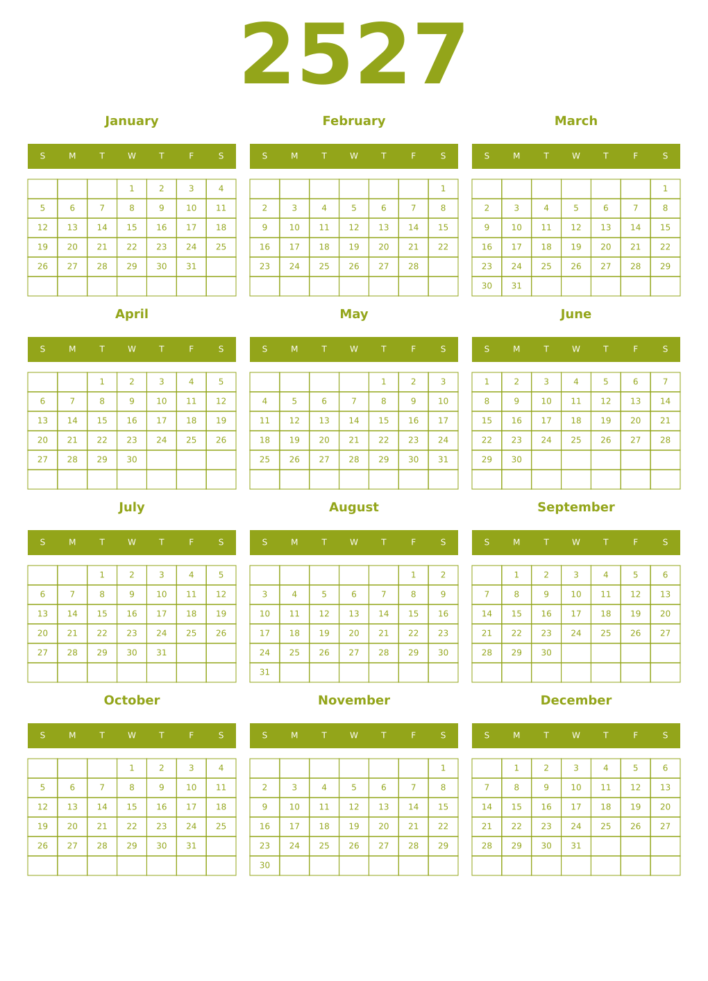 Printable 2527 Year Calendars chartreuse