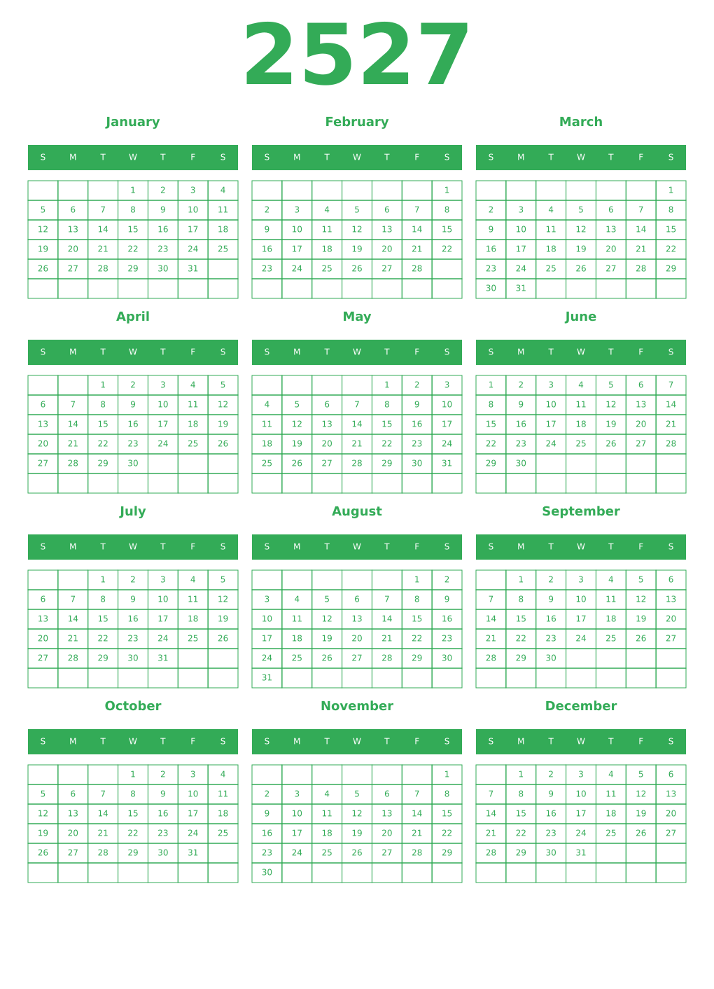 Printable 2527 Year Calendars green