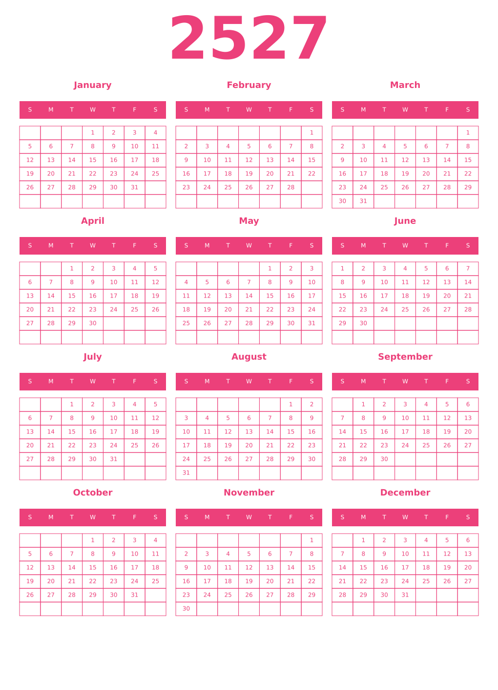 Printable 2527 Year Calendars pink