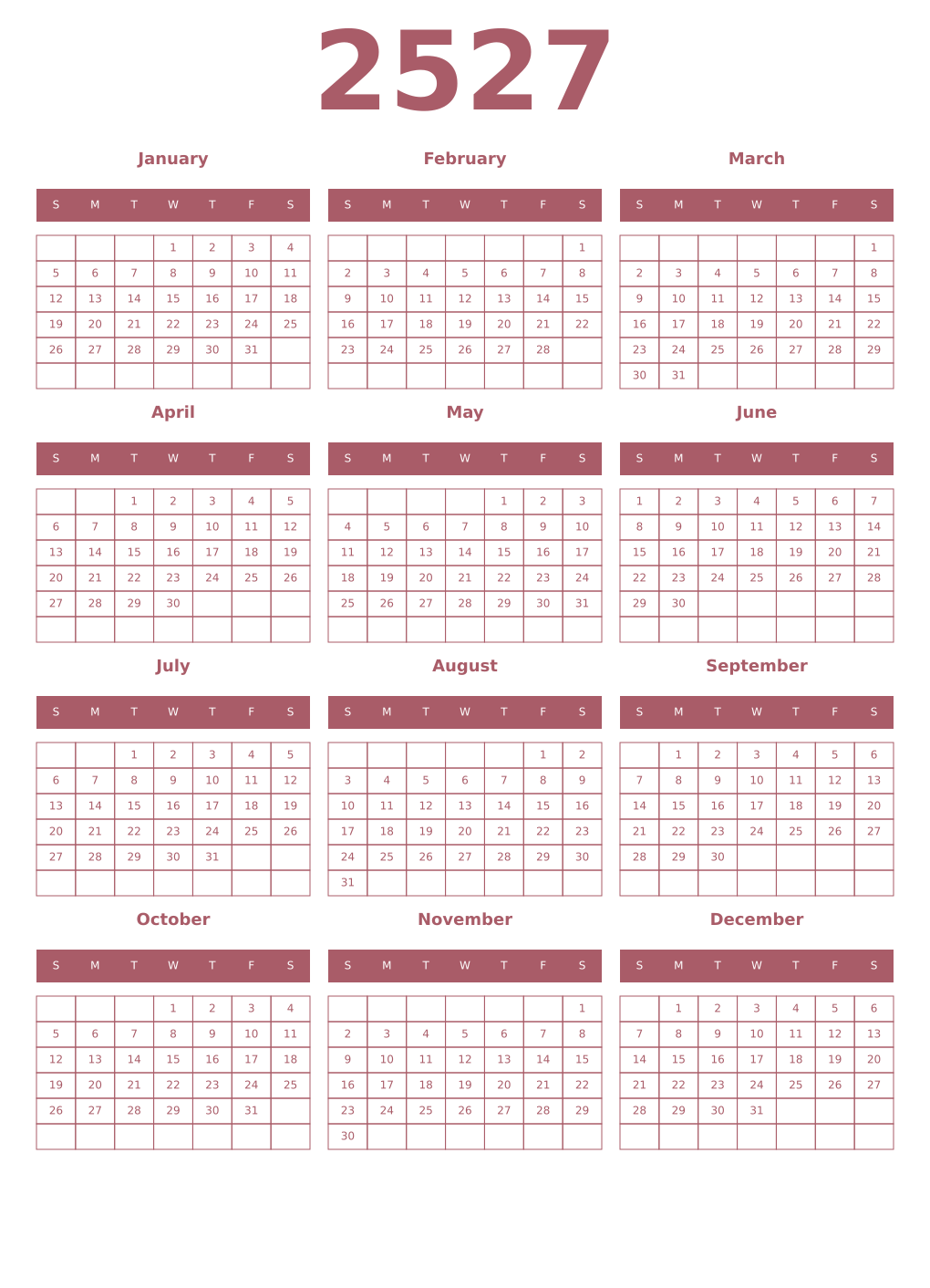 Printable 2527 Year Calendars puce