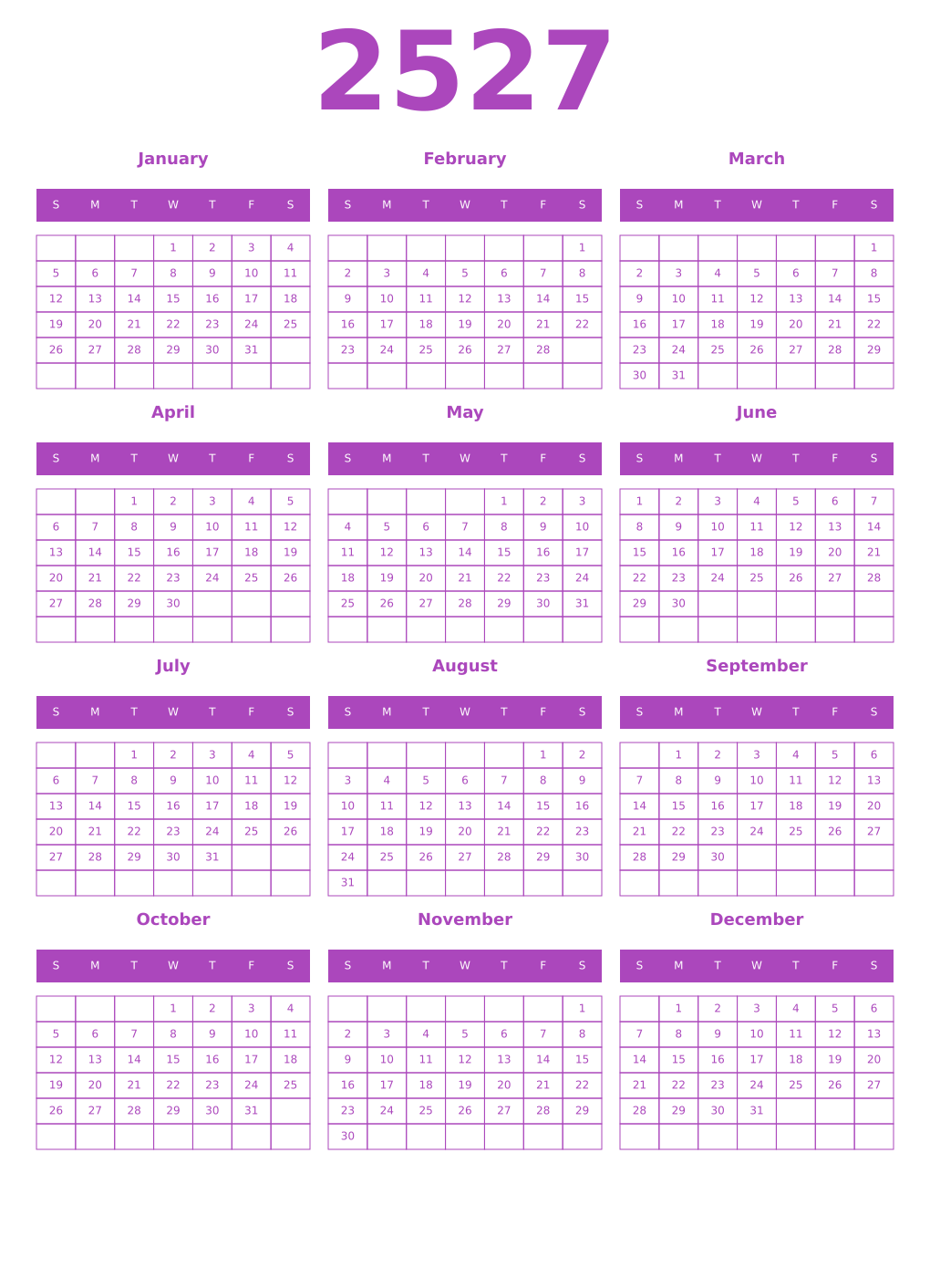 Printable 2527 Year Calendars purple