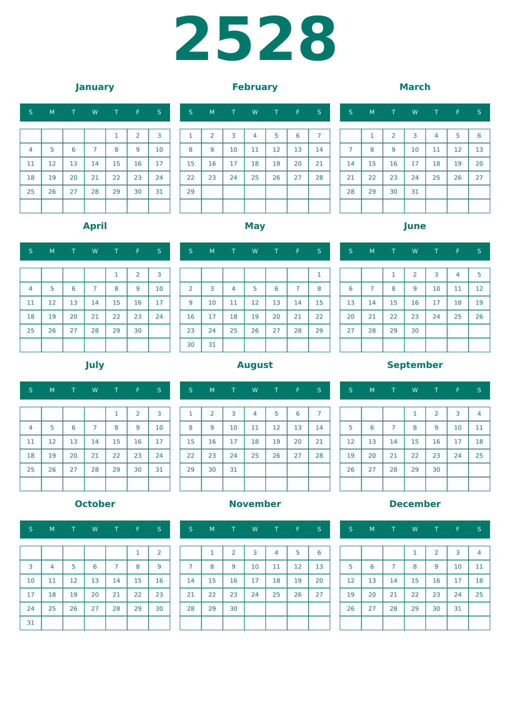 Printable 2528 Year Calendars pastel
