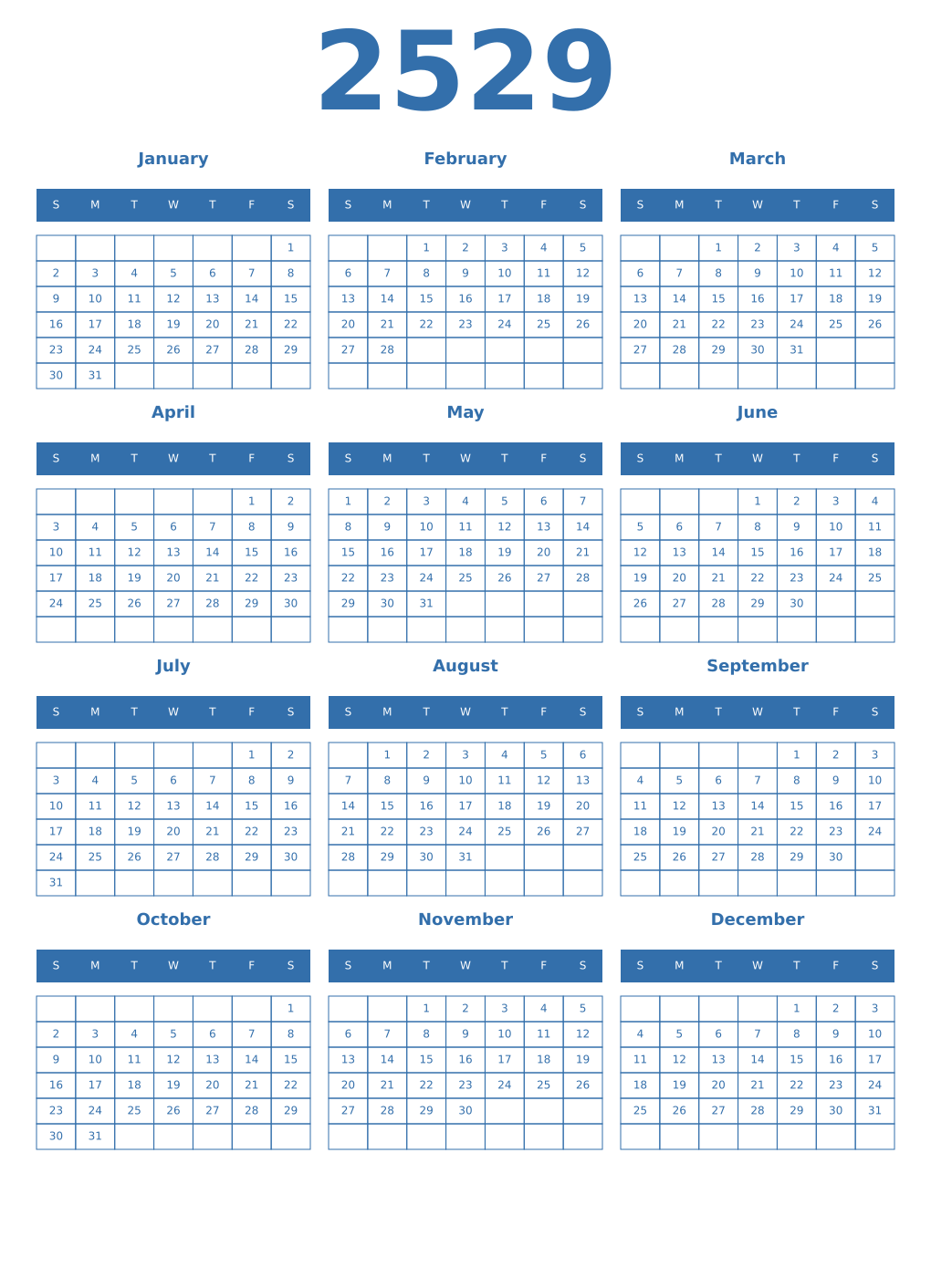 Printable 2529 Year Calendars blue