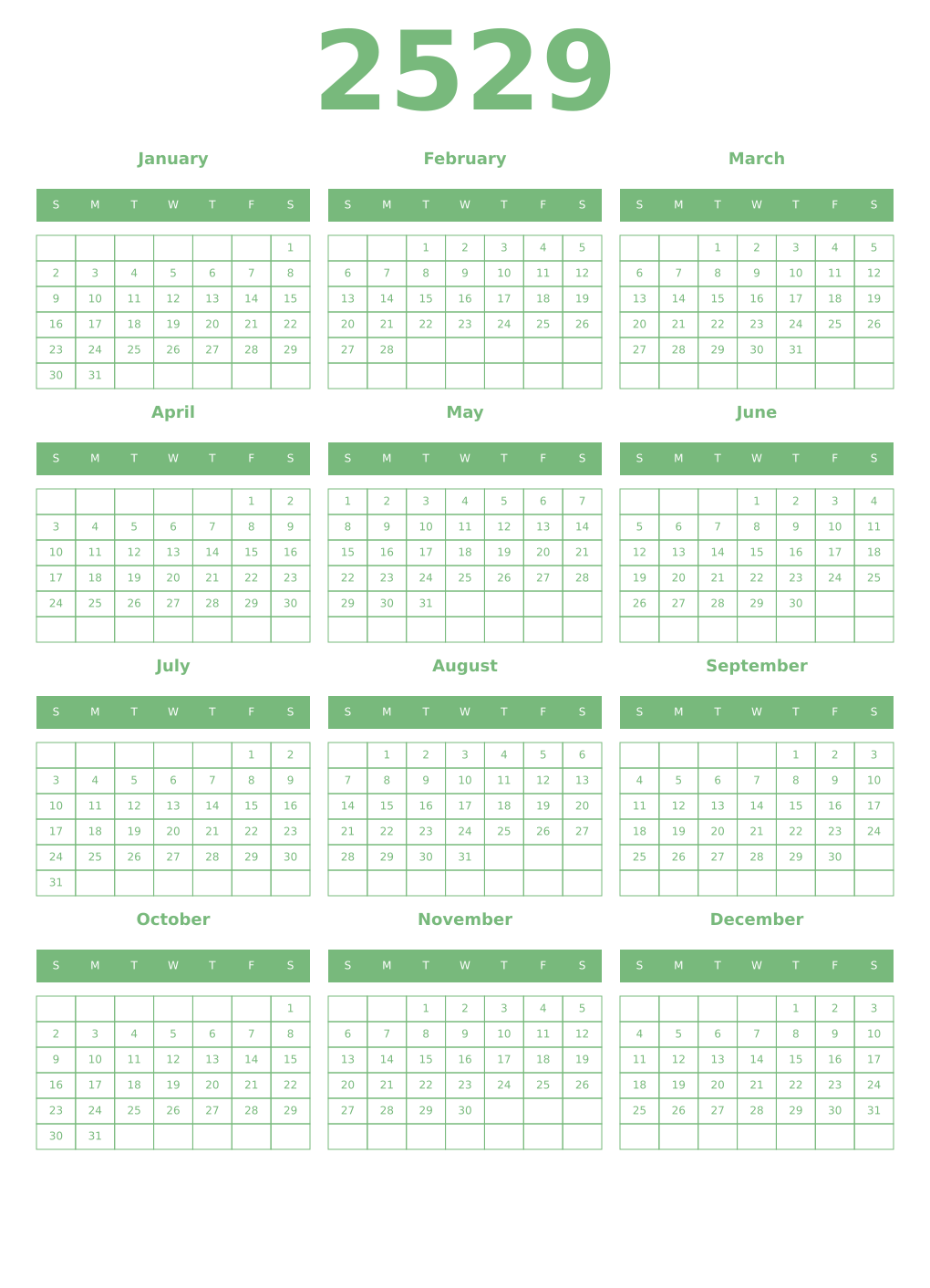 Printable 2529 Year Calendars celadon