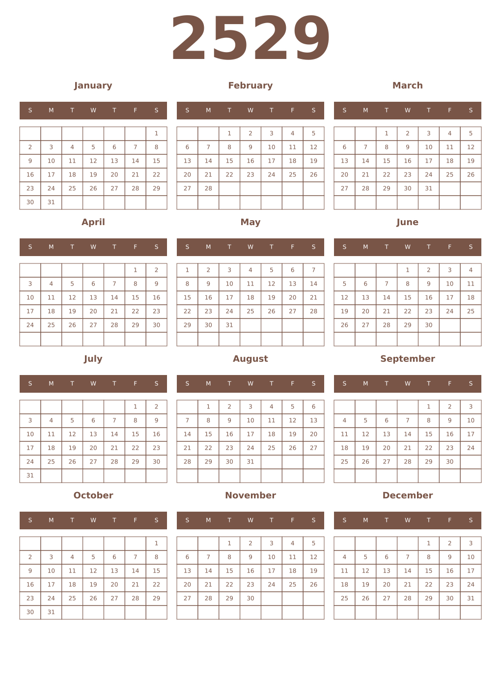 Printable 2529 Year Calendars coffe