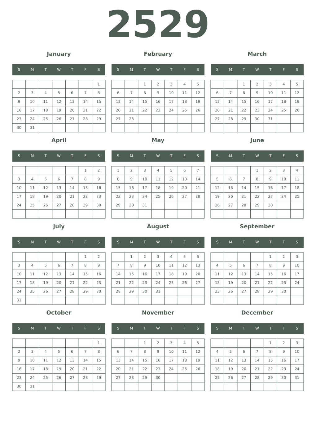 Printable 2529 Year Calendars feldgrau