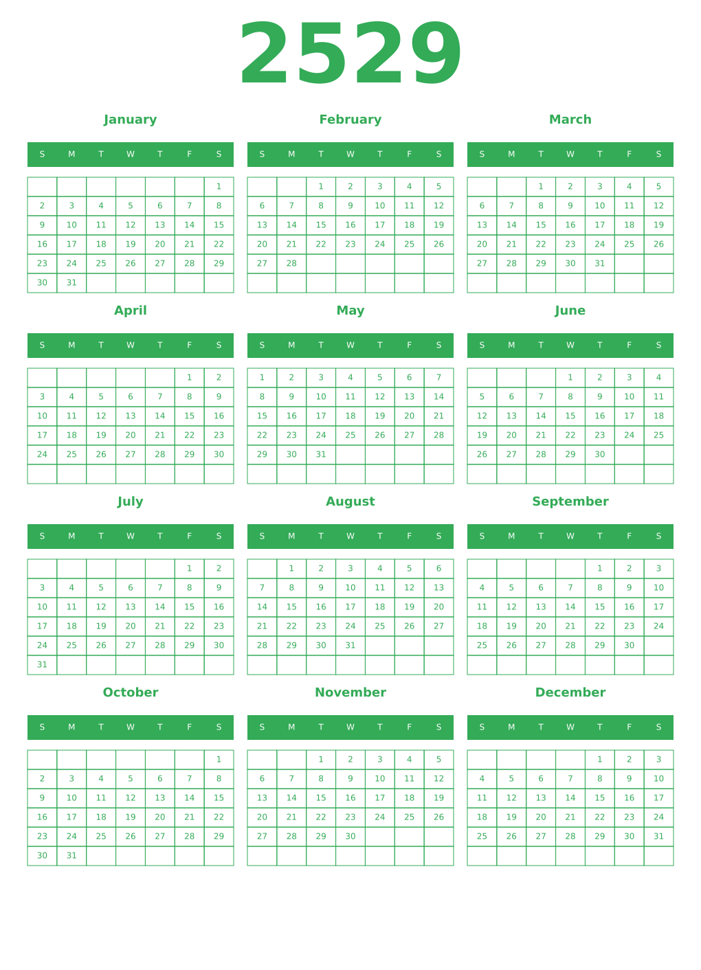 Printable 2529 Year Calendars green