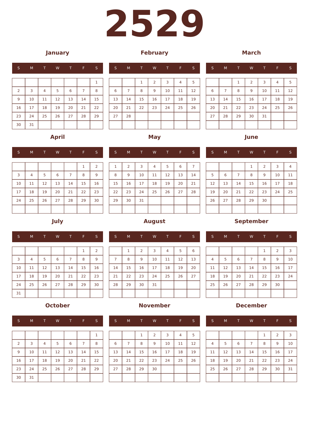 Printable 2529 Year Calendars mortuum