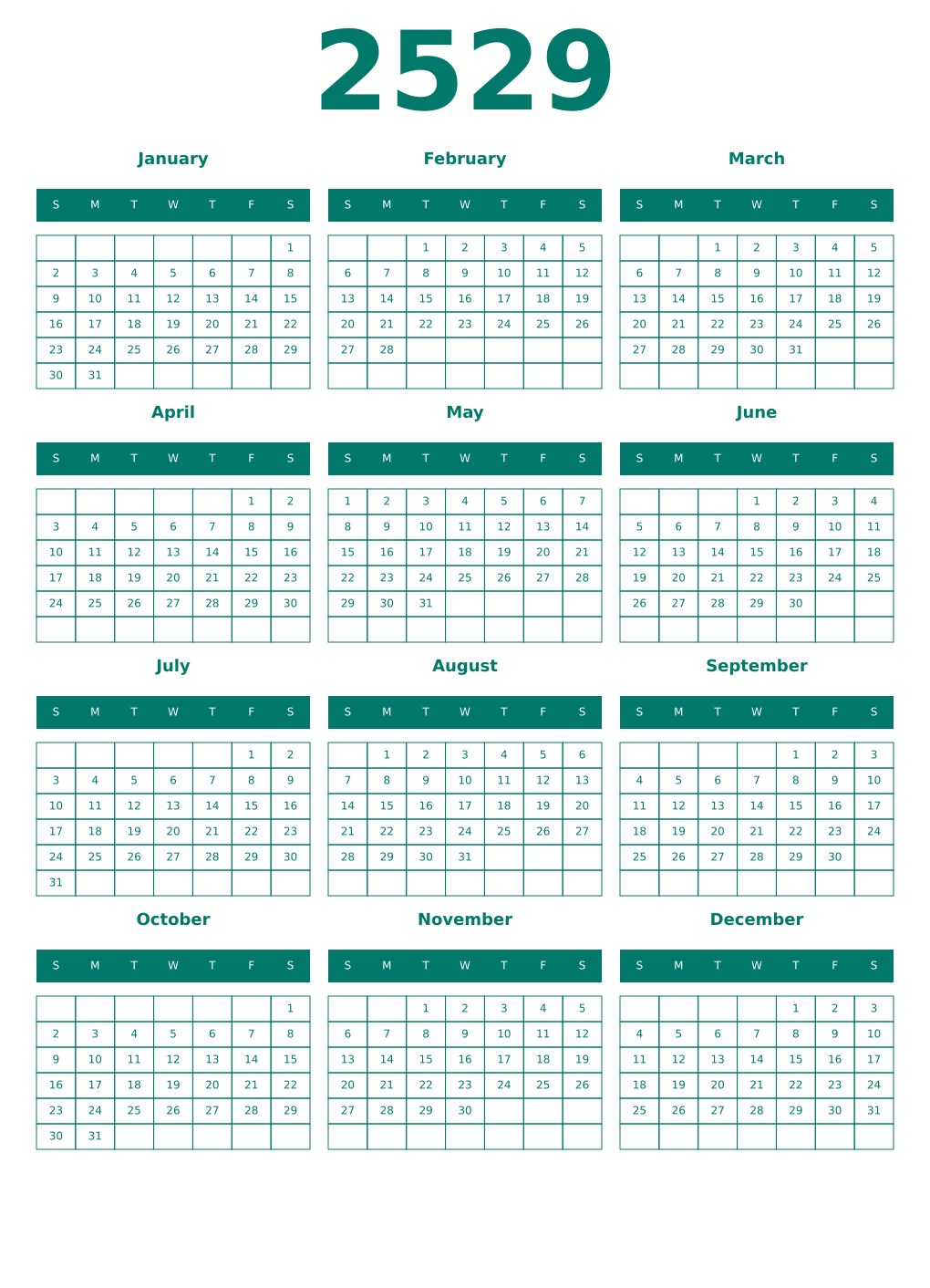 Printable 2529 Year Calendars pastel