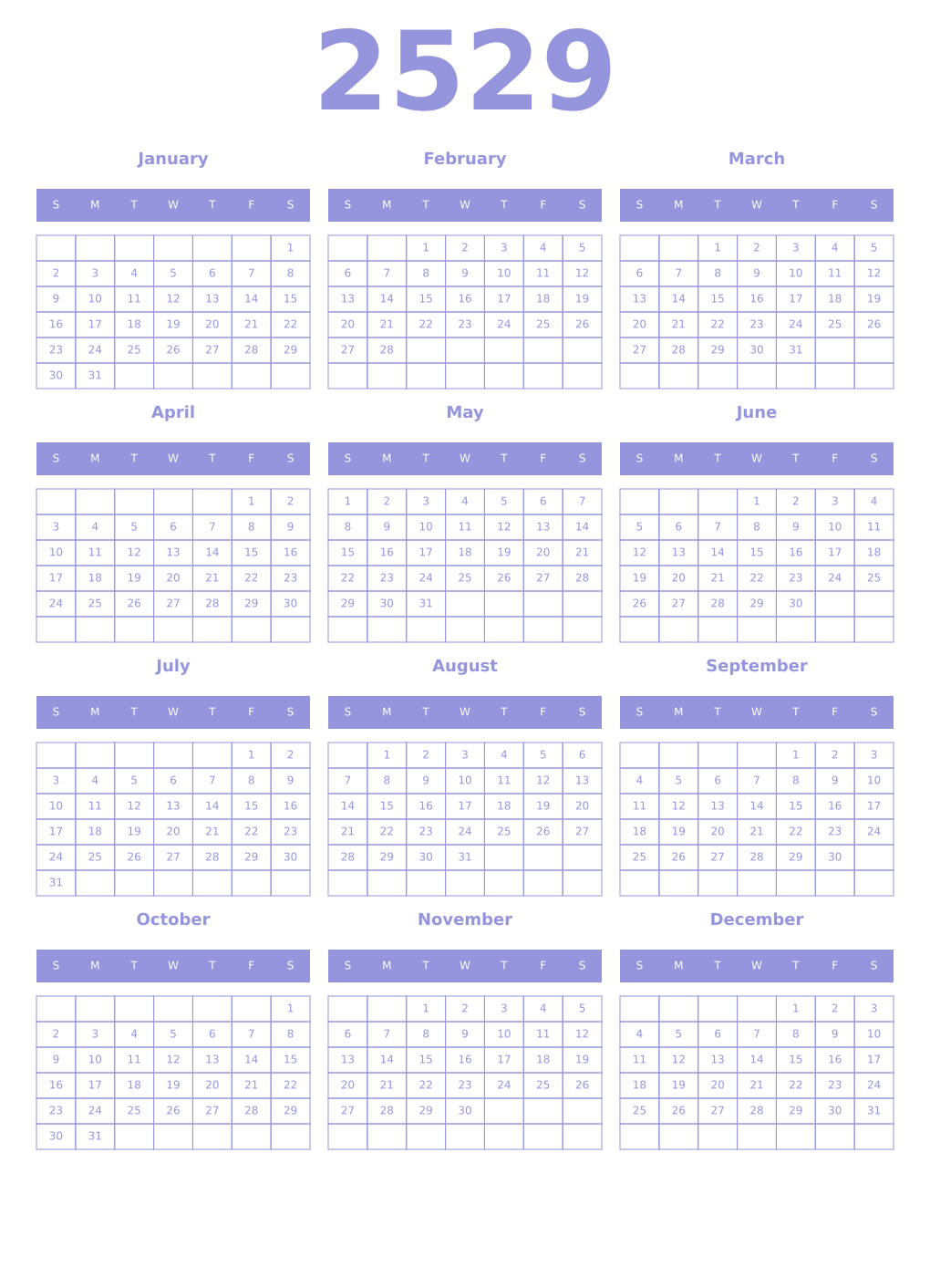 Printable 2529 Year Calendars periwinkle