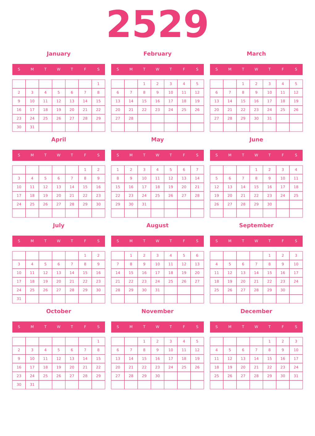 Printable 2529 Year Calendars pink
