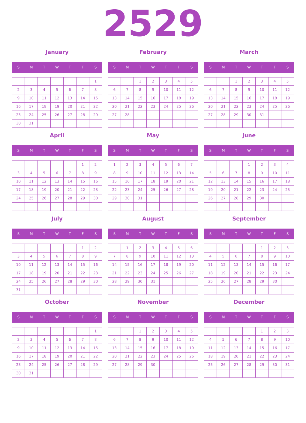 Printable 2529 Year Calendars purple