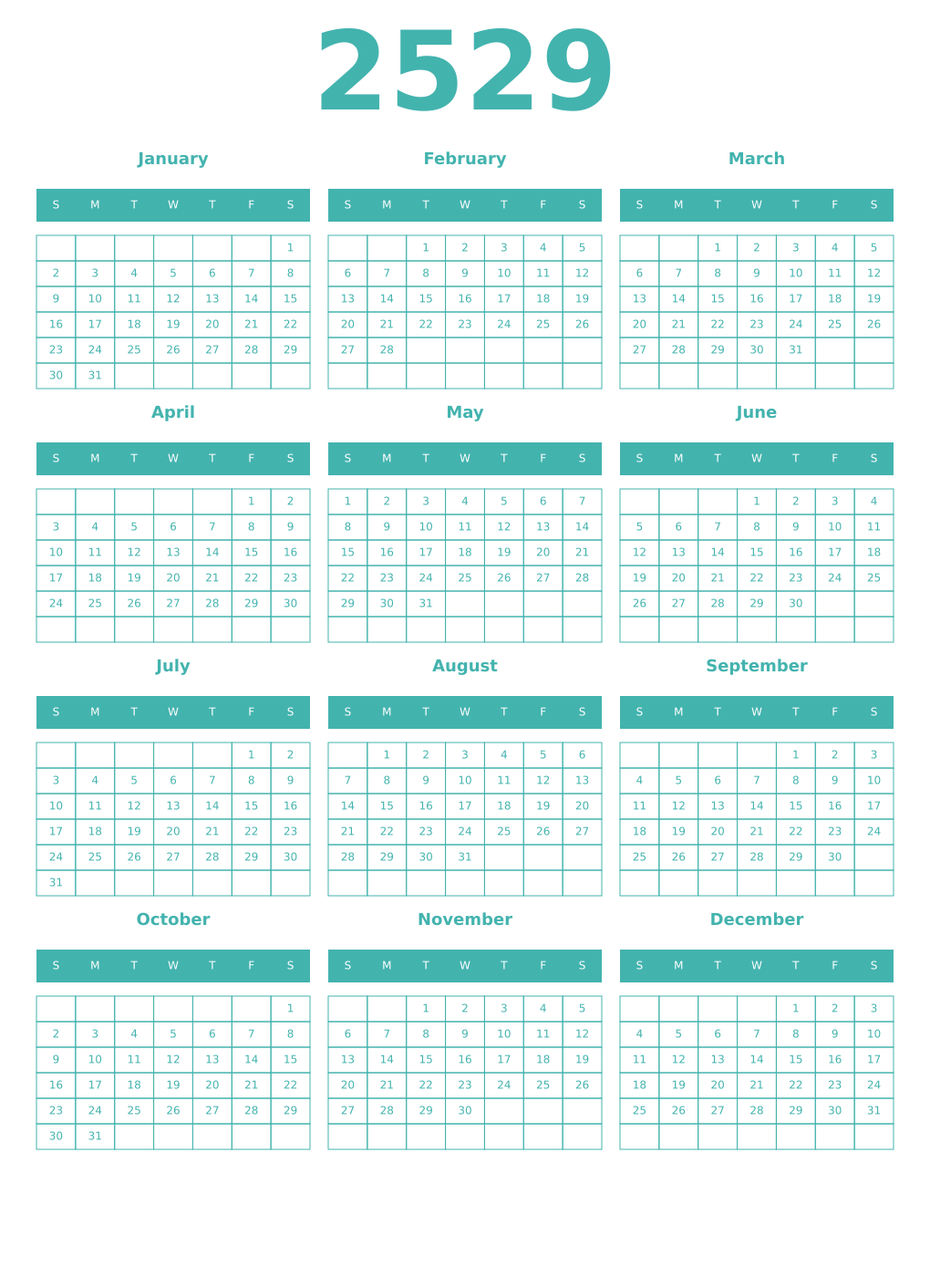 Printable 2529 Year Calendars verdigris