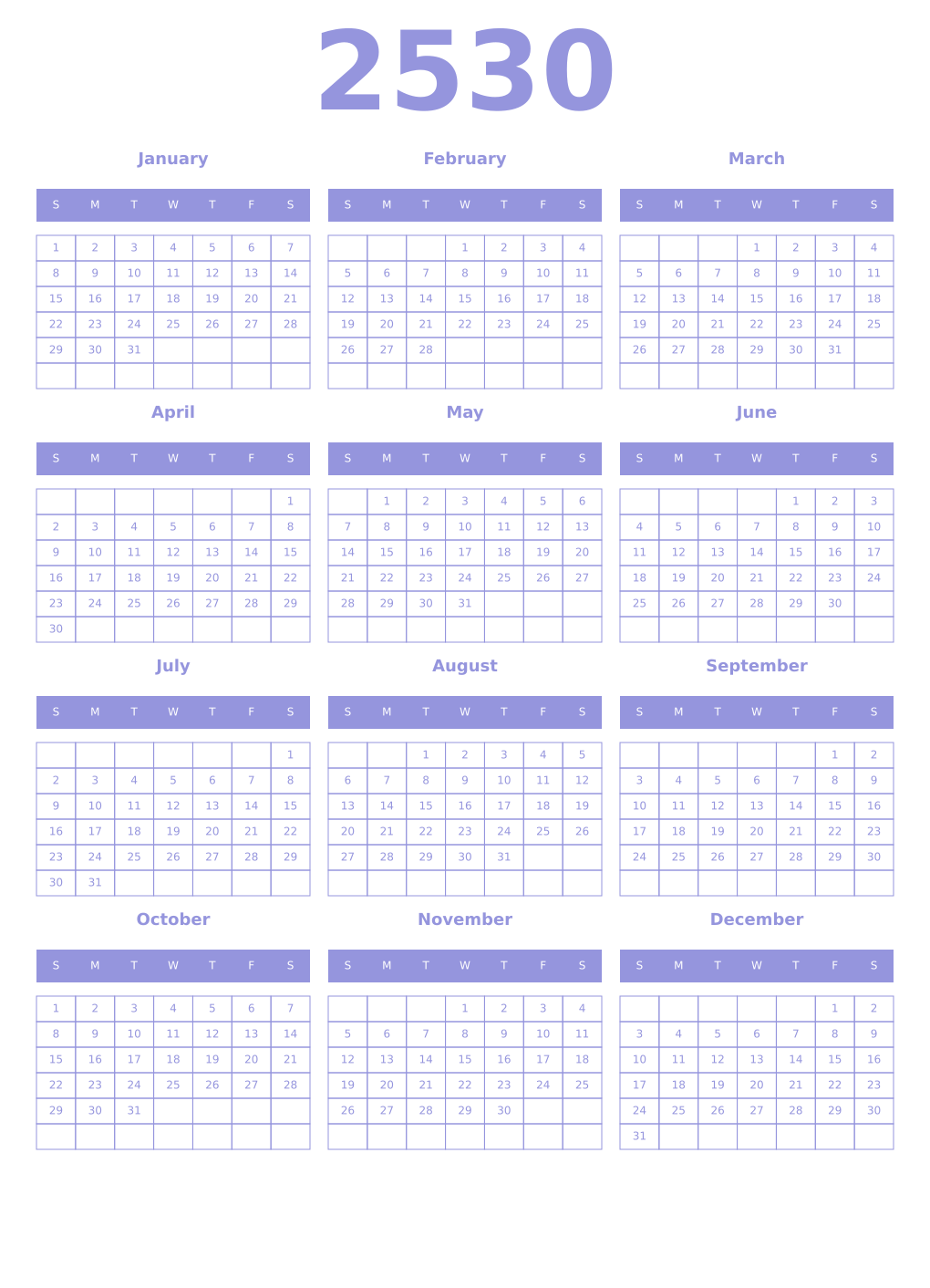 Printable 2530 Year Calendars periwinkle