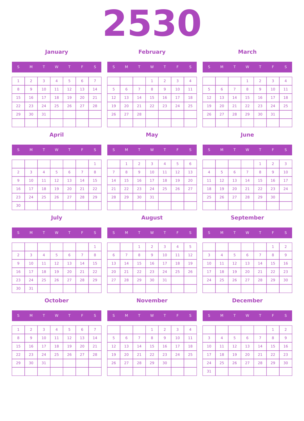 Printable 2530 Year Calendars purple