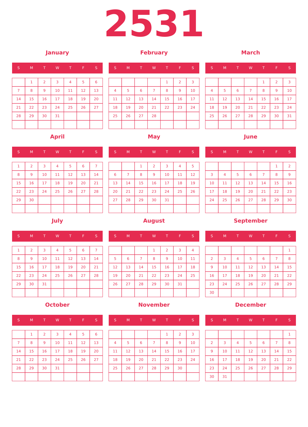 Printable 2531 Year Calendars amaranth