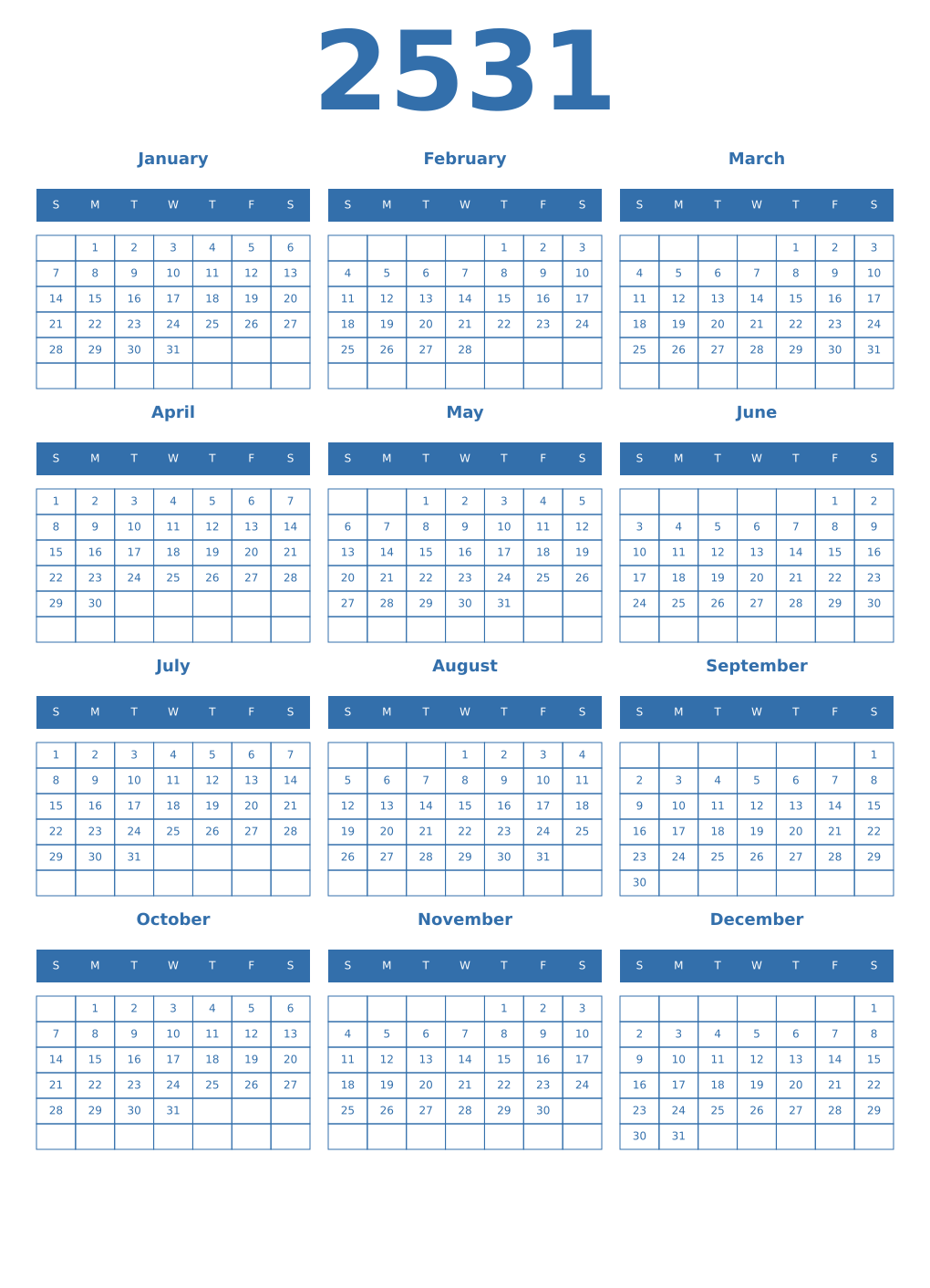 Printable 2531 Year Calendars blue