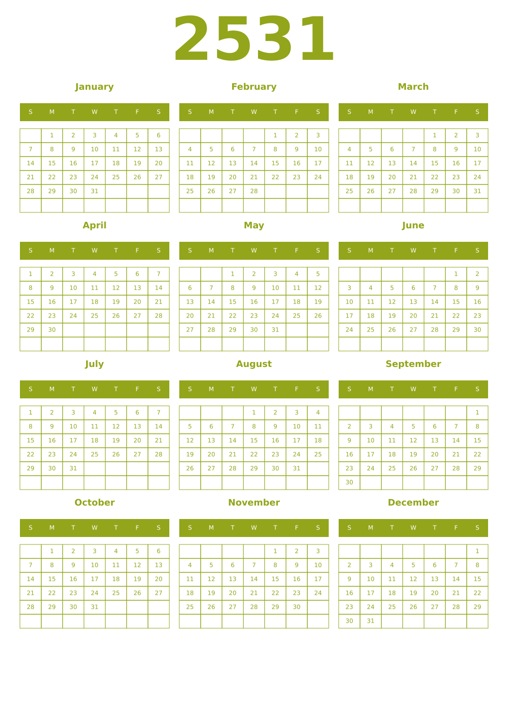Printable 2531 Year Calendars chartreuse
