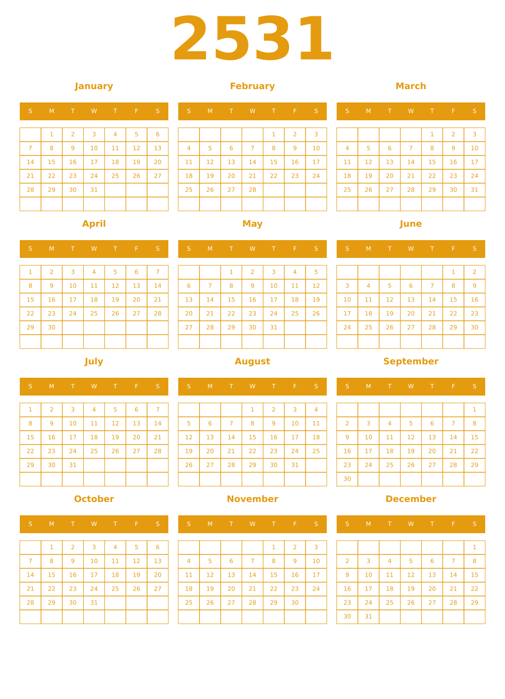 Printable 2531 Year Calendars gamboge