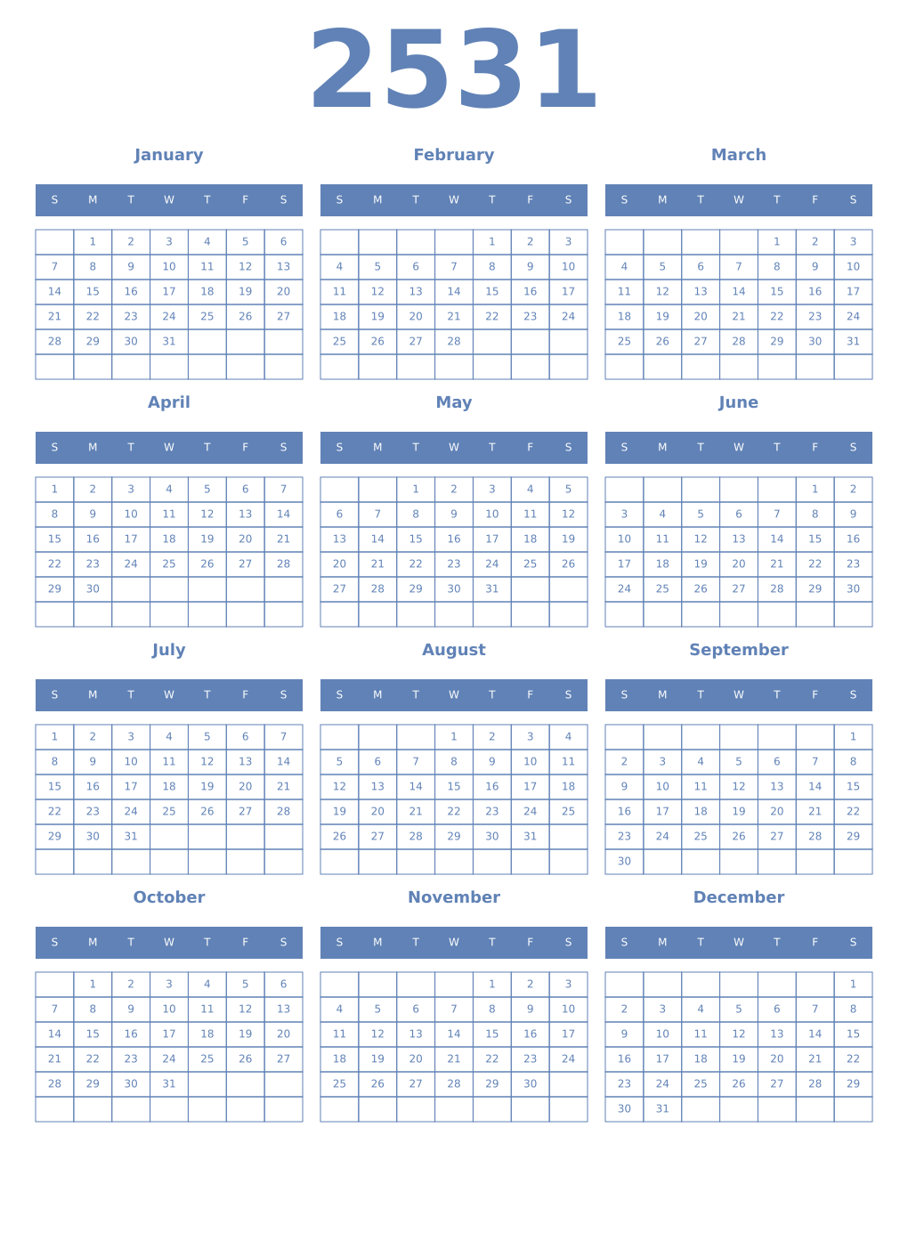 Printable 2531 Year Calendars glaucous