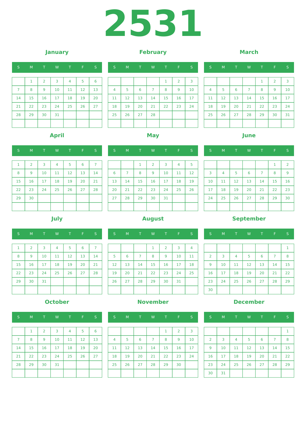 Printable 2531 Year Calendars green