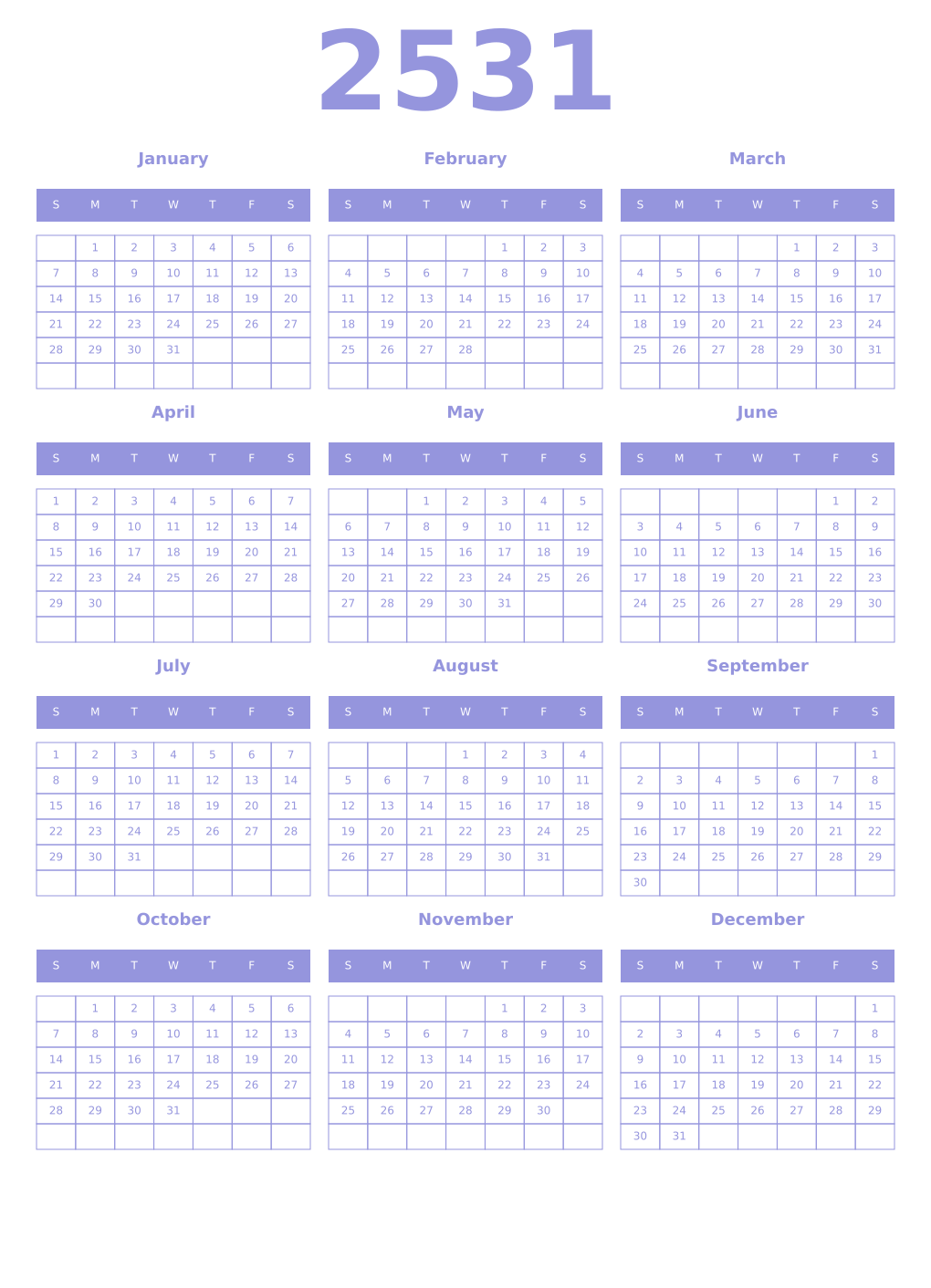Printable 2531 Year Calendars periwinkle