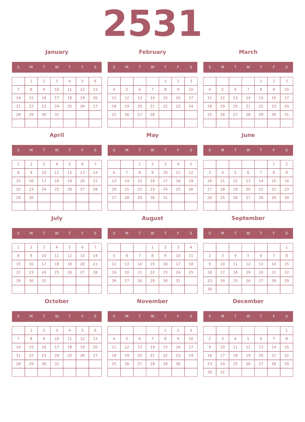 Printable 2531 Year Calendars puce