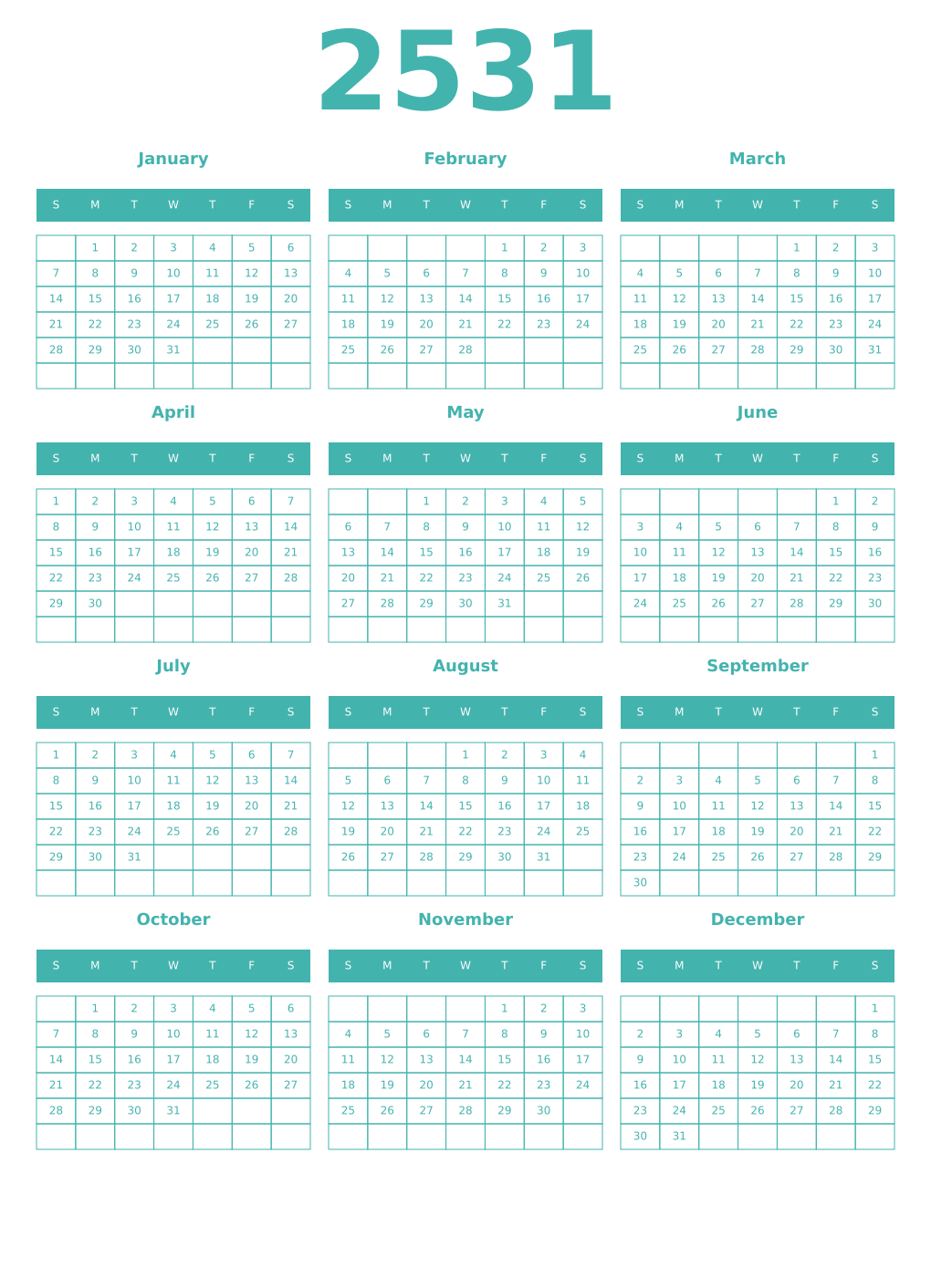Printable 2531 Year Calendars verdigris