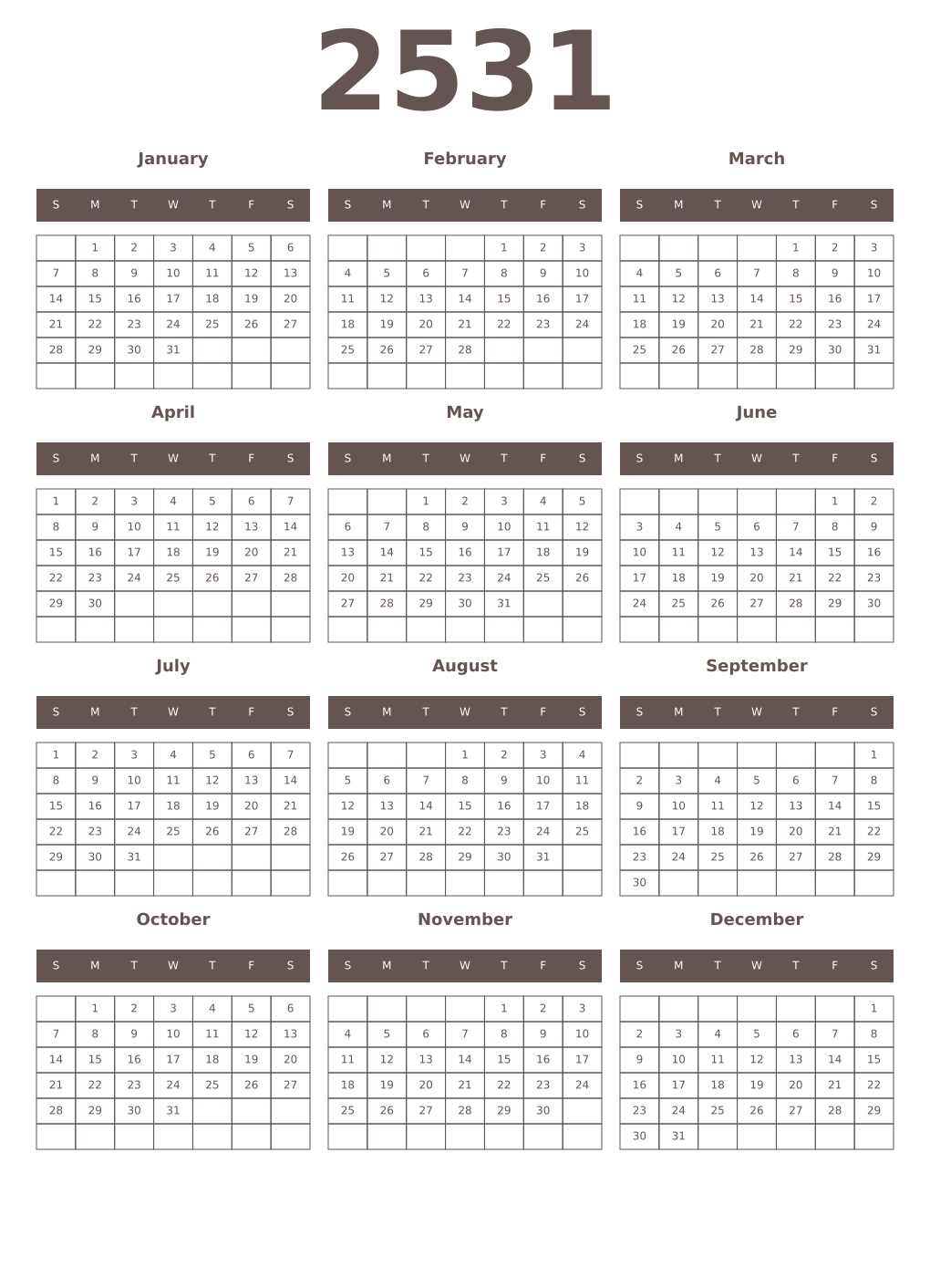 Printable 2531 Year Calendars wenge