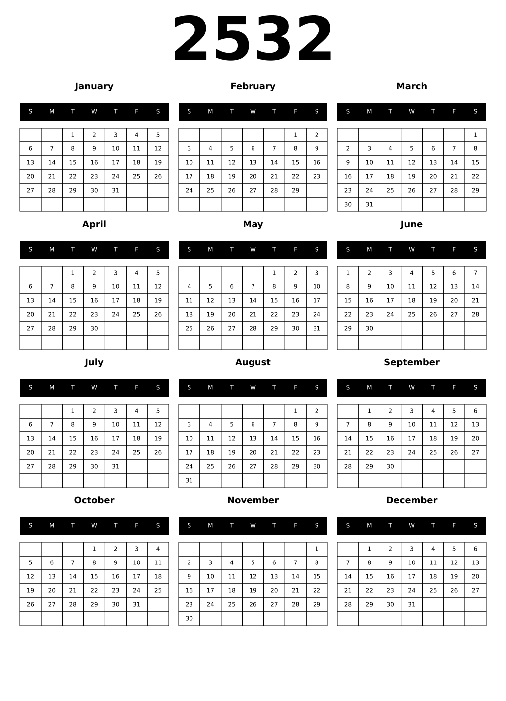 Printable 2532 Year Calendars black