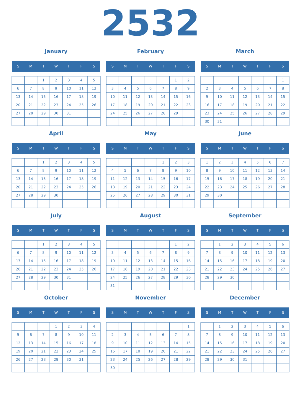 Printable 2532 Year Calendars blue