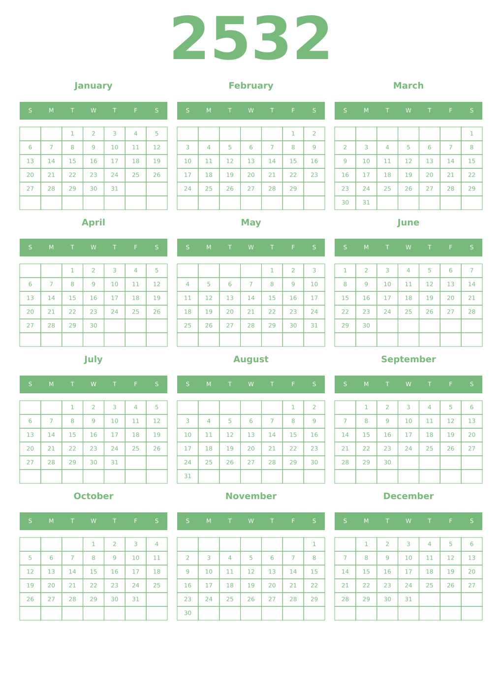 Printable 2532 Year Calendars celadon