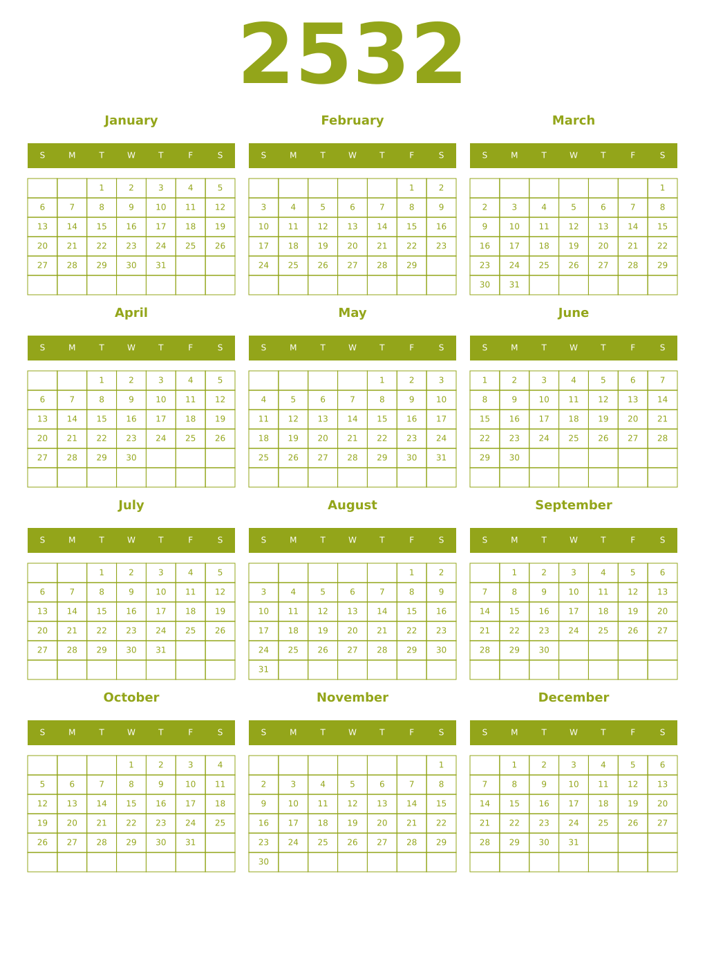 Printable 2532 Year Calendars chartreuse
