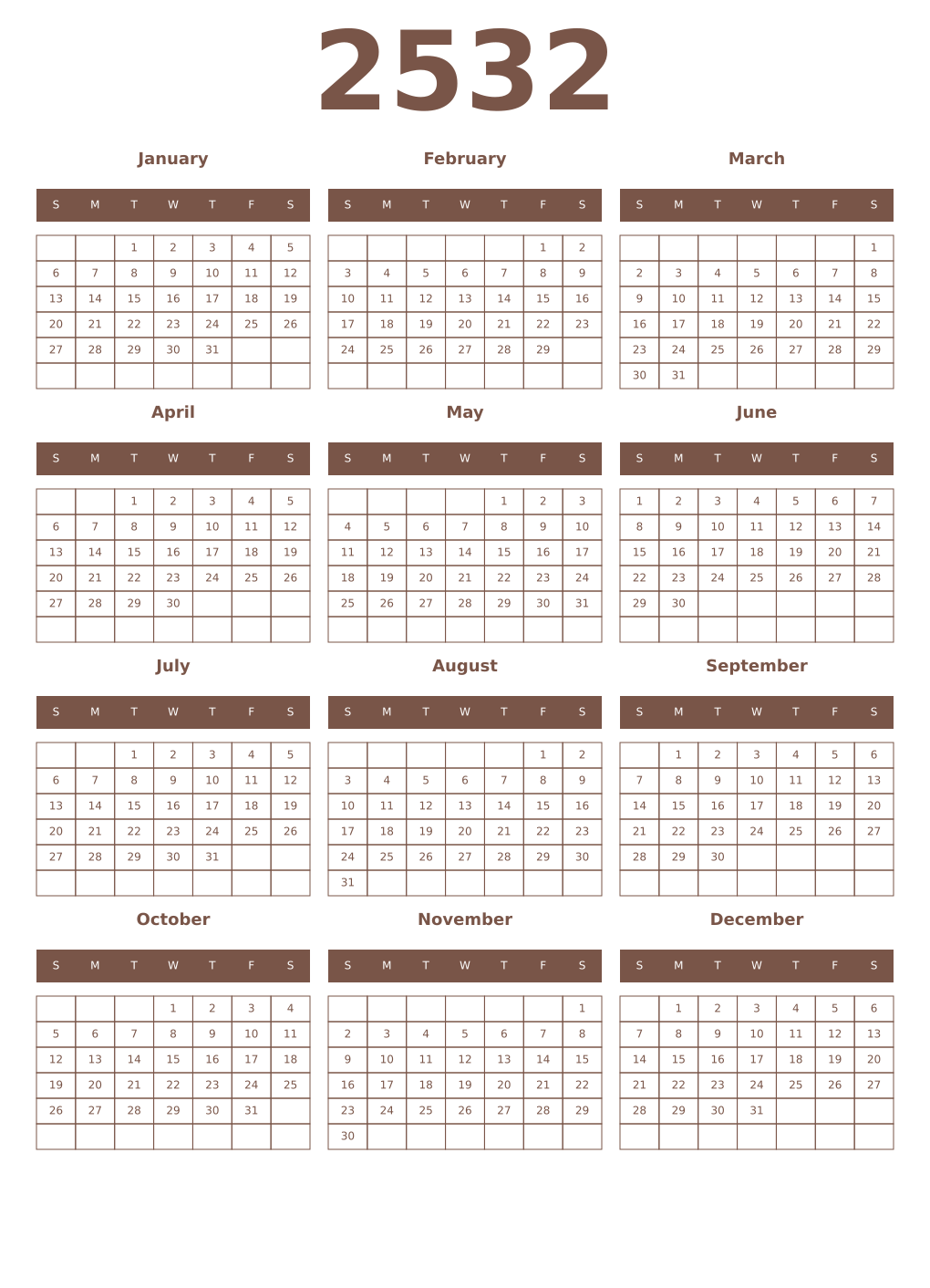Printable 2532 Year Calendars coffe