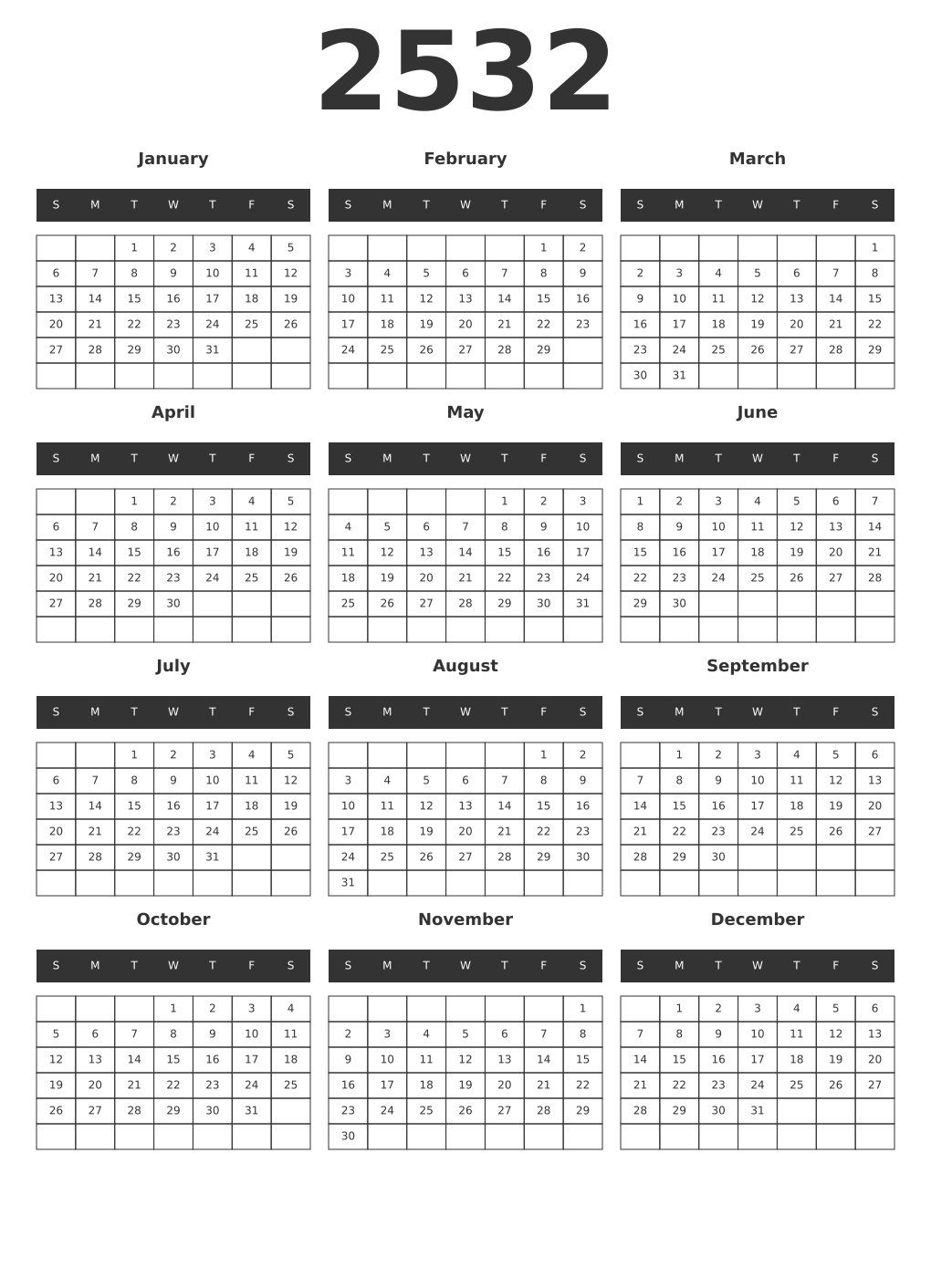 Printable 2532 Year Calendars dark