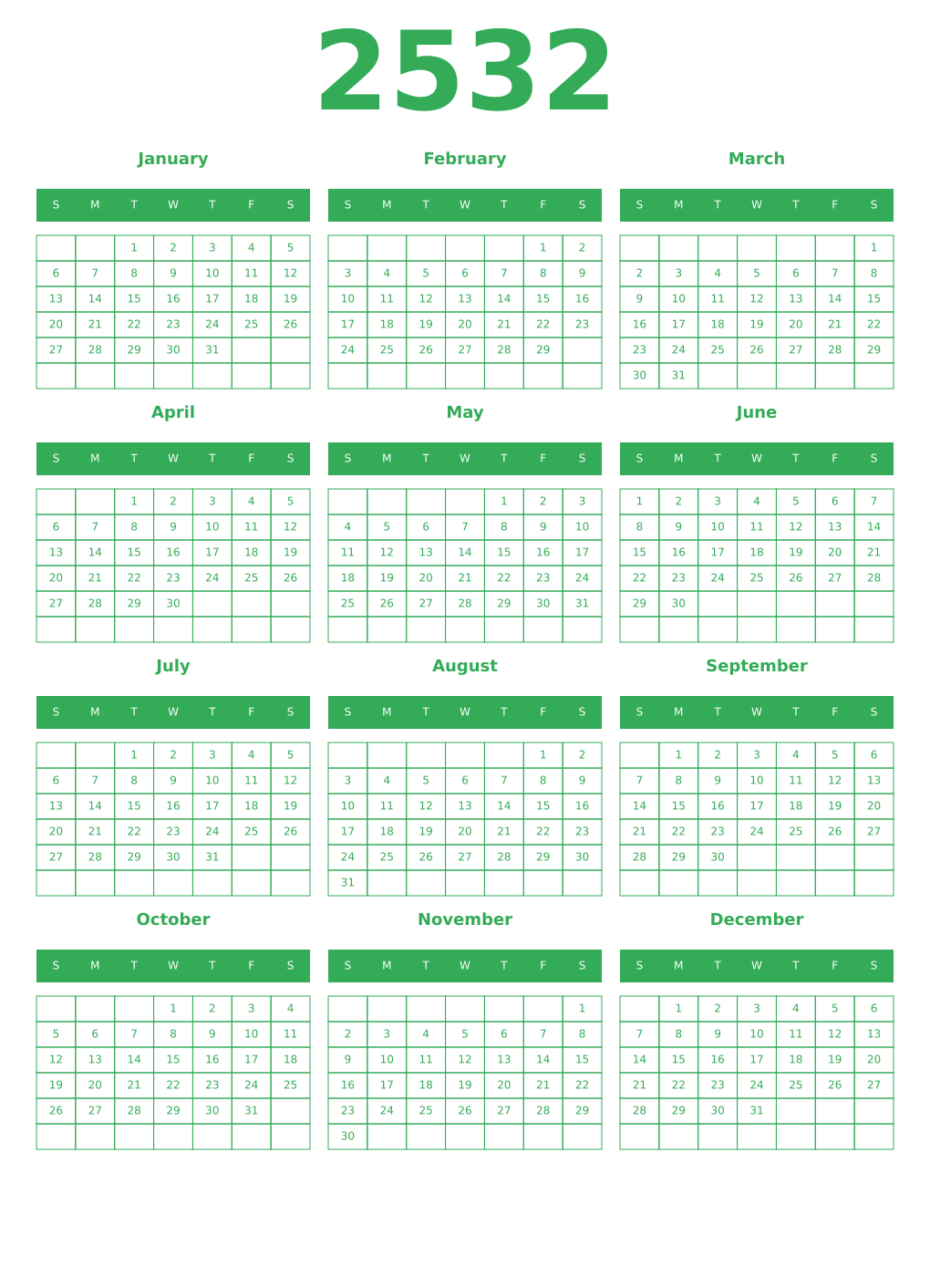 Printable 2532 Year Calendars green