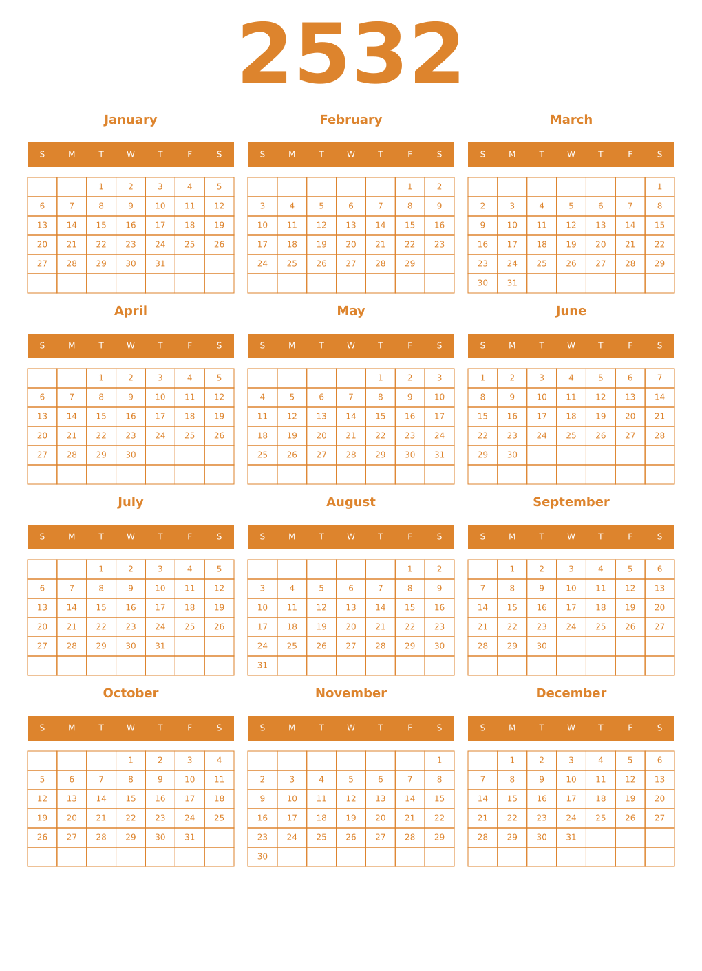 Printable 2532 Year Calendars orange