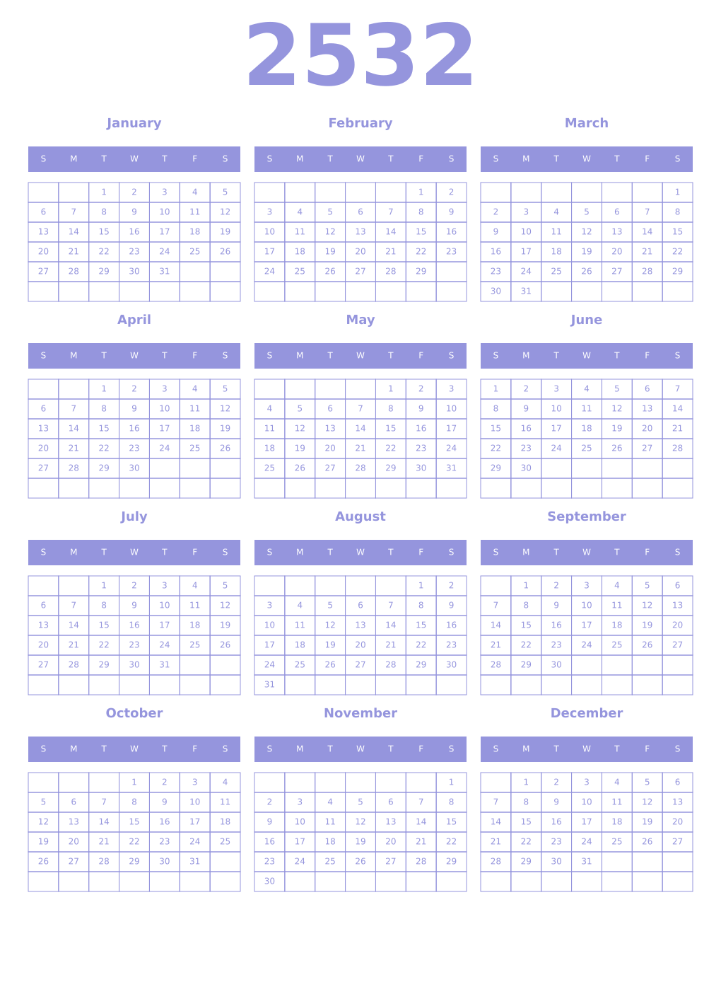 Printable 2532 Year Calendars periwinkle