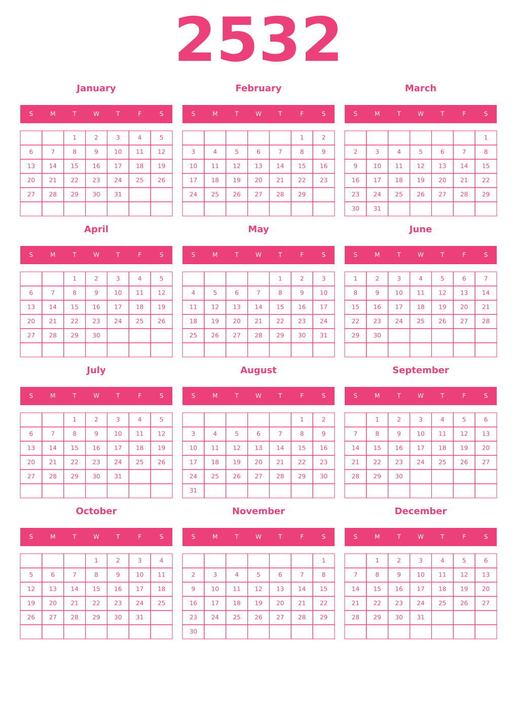 Printable 2532 Year Calendars pink