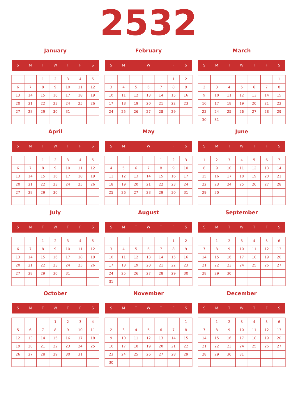Printable 2532 Year Calendars red
