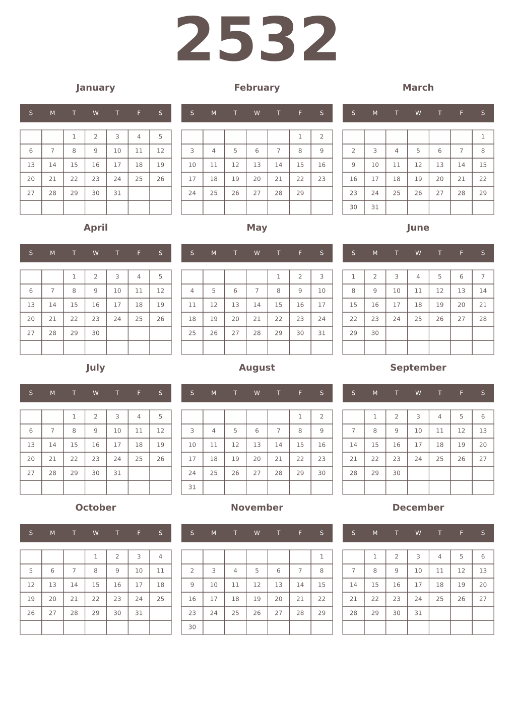 Printable 2532 Year Calendars wenge