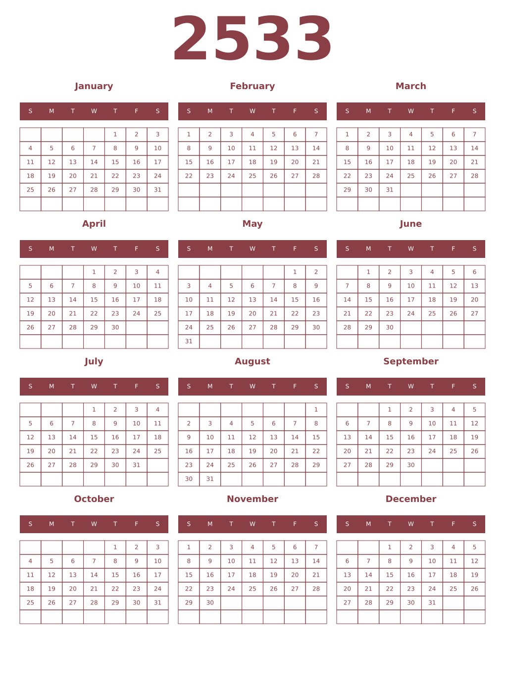 Printable 2533 Year Calendars cordovan