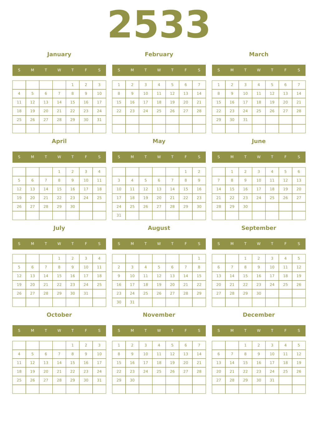 Printable 2533 Year Calendars eburnean