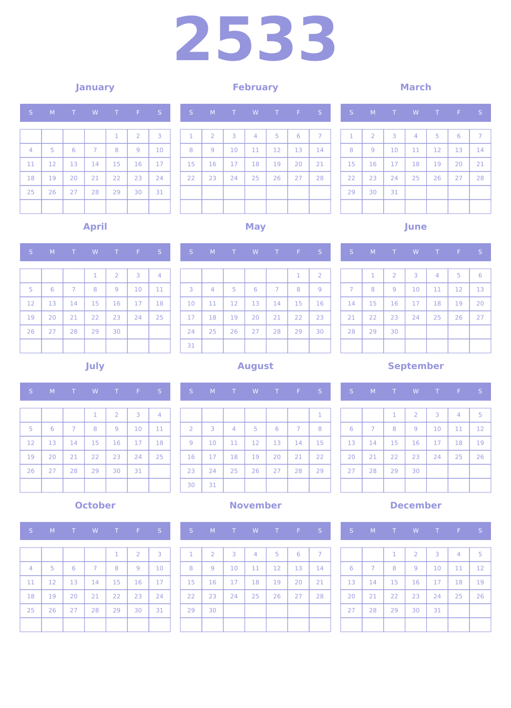 Printable 2533 Year Calendars periwinkle