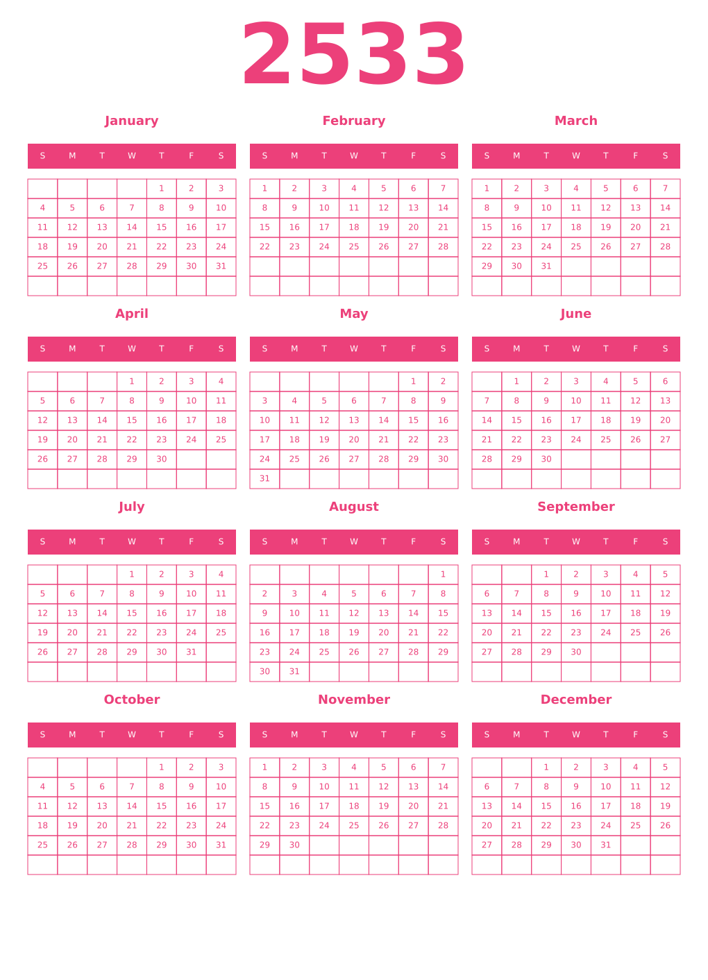 Printable 2533 Year Calendars pink