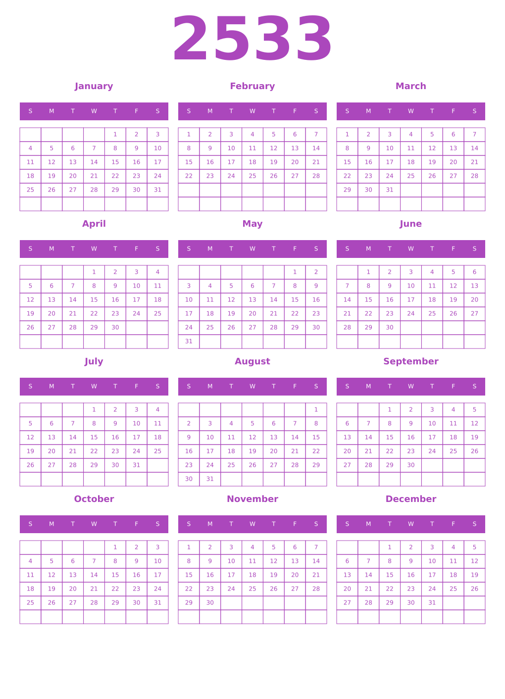 Printable 2533 Year Calendars purple